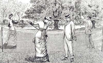 Gravering af en kvindelig tennisspiller i ubehag på grund af hendes nye gummisko af George du Maurier