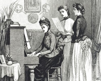 Gravering, der forestiller unge damer, der synger i tegnestuen af George du Maurier