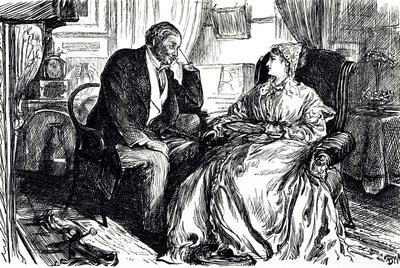 Georges du Maurier tegneserie, der illustrerer en mand og kvinde i samtale om de beroligende fordele ved tran. England 1869 af George du Maurier