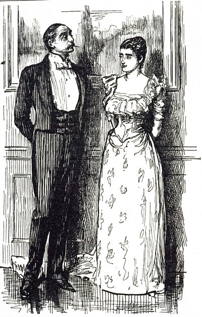 Georges du Maurier tegneserie, der illustrerer en mand og kvinde i samtale ved en samfundsbegivenhed, England 1891 af George du Maurier
