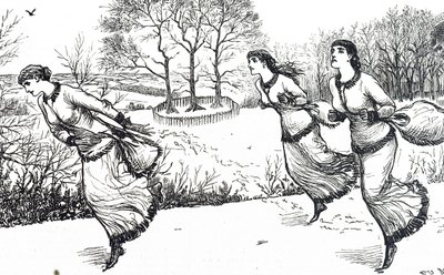Illustration, der viser piger, der sætter sporet efter haren og hundene af George du Maurier