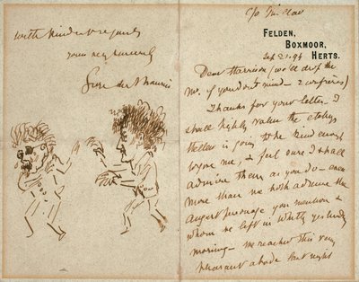Brev med tegning af Whistler, der truer Du Maurier af George du Maurier