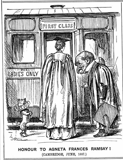 Hr. Punch bøjer sig for Agneta Frances Ramsay, som sad og bestod med First Class Honours, papirerne, men kunne ikke modtage en grad, da Cambridge ikke tildelte dem til kvinder på dette tidspunkt. George du Maurier tegnefilm fra Punch, London, 2. juli 1887. af George du Maurier