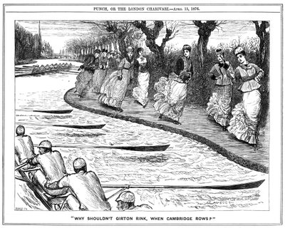 Rulleskøjteløb meget i mode. Kvindelige studerende fra Girton på trækstien vinker til roere, der ror på floden. George du Maurier tegnefilm fra Punch, London af George du Maurier