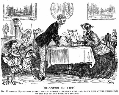 Succes i livet: Rollevending og den moderne professionelle kvinde. George du Maurier tegnefilm for Punch Almanack for 1867. I 1865 fik Elizabeth Garrett Anderson (1836-1917) licens til at praktisere af Society of Apotecaries. af George du Maurier