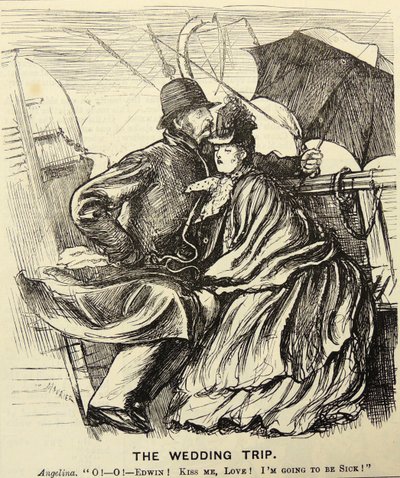 Bryllupsturen: Bryllupsrejsepar, der lider af søsyge, mens de krydser Den Engelske Kanal. George du Maurier tegnefilm fra 