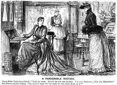 Universitetsuddannelse for kvinder, der gør deres samtale forvirrende for deres mindre uddannede venner. George du Maurier tegnefilm fra Punch London 7. december 1889. Gravering af George du Maurier