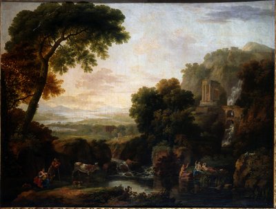 Italiensk landskab med en capriccio udsigt over Tivoli, en hyrde og hyrdinde og kvæg af George the Elder Barret