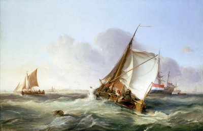 En boeier (hollandsk kommerciel sejlbåd) i vinden. Olie på lærred af George the Elder Chambers