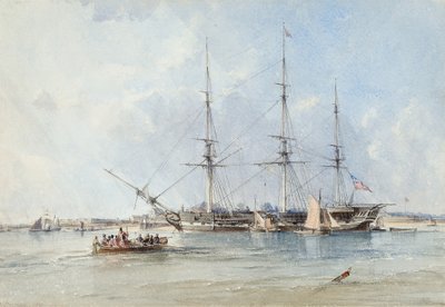 Blackwall-fregatten Seringapatam for anker ud for Tilbury Fort af George the Elder Chambers