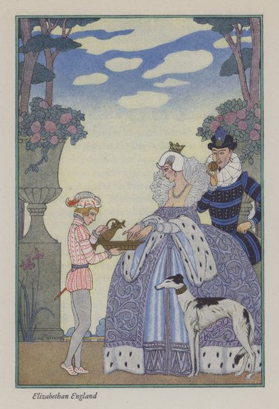 The Romance of Parfum: Elizabethan England (farve litho) af Georges (after) Barbier