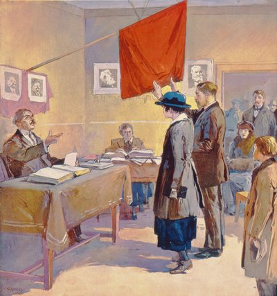 Et borgerligt ægteskab i Rusland på revolutionstidspunktet, ca. 1923 (farvelitografi) af Georges (after) Carrey