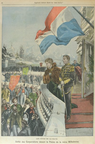 Procession af selskaber i Haag foran dronning Wilhelmina af Holland for at fejre hendes ægteskab med hertug Henrik af Mecklenburg, februar 1901 (farvelitografi) af Georges (after) Carrey