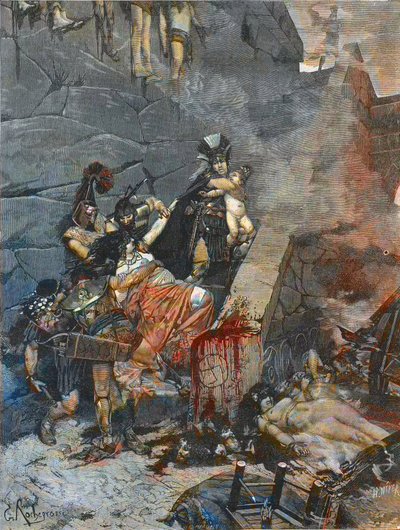 Andromache - Andromaque (Ulysses river Astyanax fra Andromaques arme for at kaste ham fra toppen af Troy-væggene) - GRAVERING EFTER MALERIET AF George-Antoine Rochegrosse (1859-1938) af Georges (after) Rochegrosse