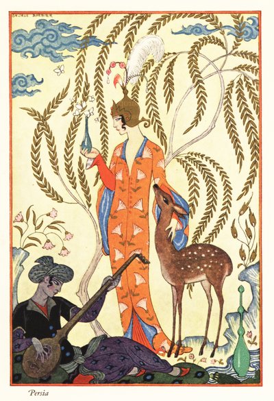 En kvinde holder en parfumeflaske, oldtidens Persien af Georges Barbier