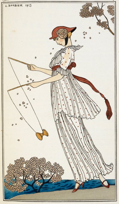 En kvinde iført en hvid linnedkjole med tryk, leger med et stykke legetøj af Georges Barbier
