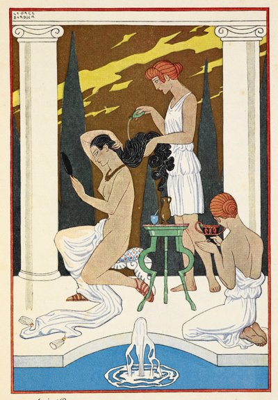 Det gamle Rom. En person, der får sit hår vasket af tjenere. af Georges Barbier