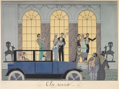 På gensyn. Folk, der forlader i en bil. Folk i aftenkjole. af Georges Barbier