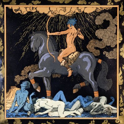 Han der rider på den sorte hest, ca. 1917-1920 (stencil) af Georges Barbier