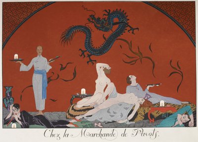 Chez la Marchande de Pasots. Folk, nogle nøgne, liggende i et rum. kinesisk dekoration. af Georges Barbier
