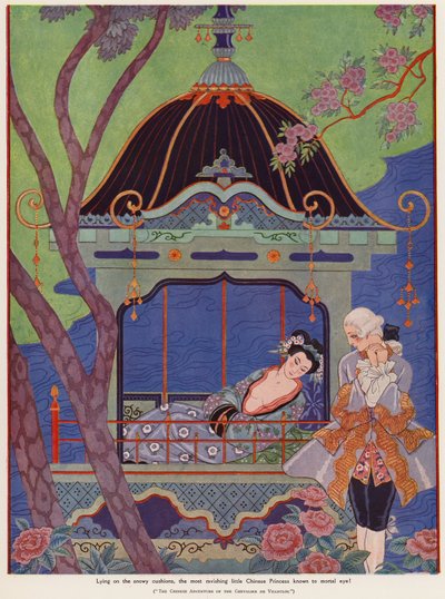 Kinesisk prinsesse tilbagelænet i en pavillon (farve litho) af Georges Barbier