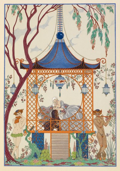 Cythère. En mand og kvinde i en pavillon, der omfavner hinanden. Mytiske væsner udenfor, der spiller piber. af Georges Barbier
