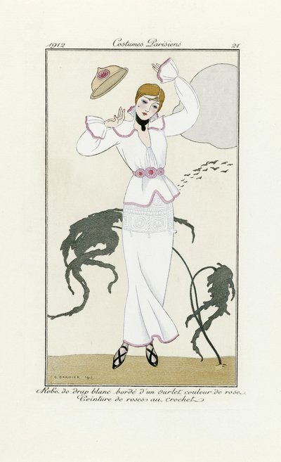 Design til hvid kjole med lyserøde trim og hæklet bælte, fra Costumes Parisien, pub.1912 (pochoir print) af Georges Barbier