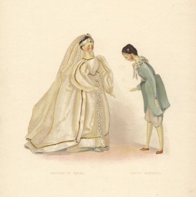 Dukker af hertuginden af Parma og grev Almaviva, fra Barberen af Sevilla, klædt af den unge prinsesse Victoria. Farveplade efter en illustration af Alan Wright fra Frances H. Lows Queen Victoria
