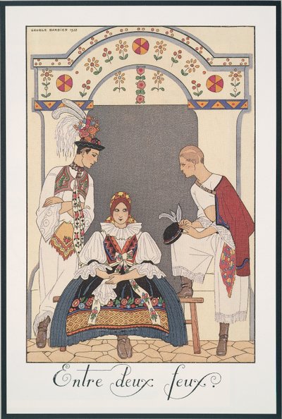 Falbalas and Fanfreluches, Almanak for 1923, Between Two Fires, af George Barbier, tryk af Georges Barbier