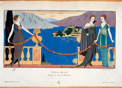 Modeplade af Georges Barbier forestiller damer i Redfern aftenkjole og Borromean Isola Bella i baggrunden Parisisk haute couture-tidsskrift Gazette du Bon Ton af Georges Barbier