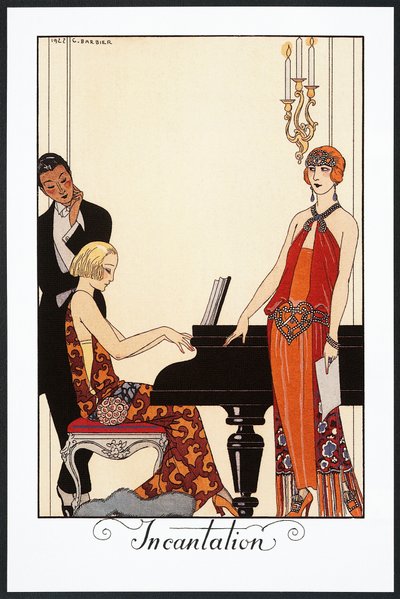 Incantation, pianist og kvinde klædt i aftenkjoler, illustration fra Falbalas et Fanfreluches, Almanak fra 1923 af Georges Barbier