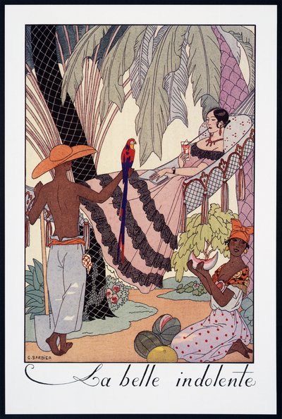 La Belle Indolente, litografi af George Barbier (1882-1932), fra Falbalas et Fanfreluches, Almanach des Modes Presentes, Passees et Futures, Frankrig, 20. århundrede af Georges Barbier