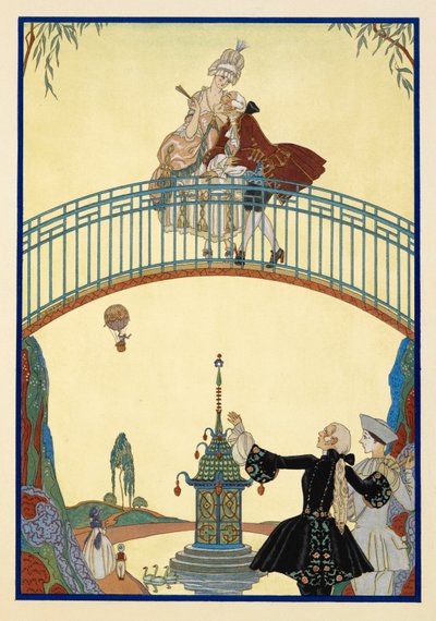 Ã€ La Promenade. En mand og kvinde på en bro. Pjerrot, nedenfor. af Georges Barbier