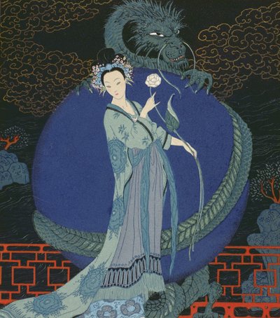Dame med en drage (farve litho) af Georges Barbier