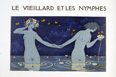 The Old Man and the Nymphs, illustration fra Les Chansons de Bilitis, af Pierre Louys, pub. 1922 (stenciltryk) af Georges Barbier