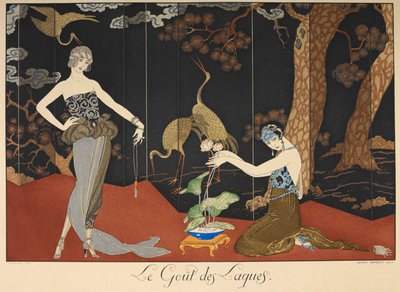 Le gout des laques. Smag af lakker. To kvinder foran en lakeret skærm. af Georges Barbier