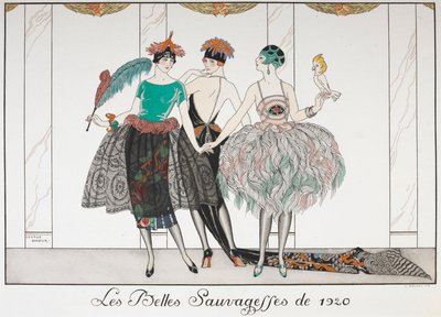 Les Belles Sauvagettes de 1920. Tre kvinder i række iført eksotiske kjoler. af Georges Barbier