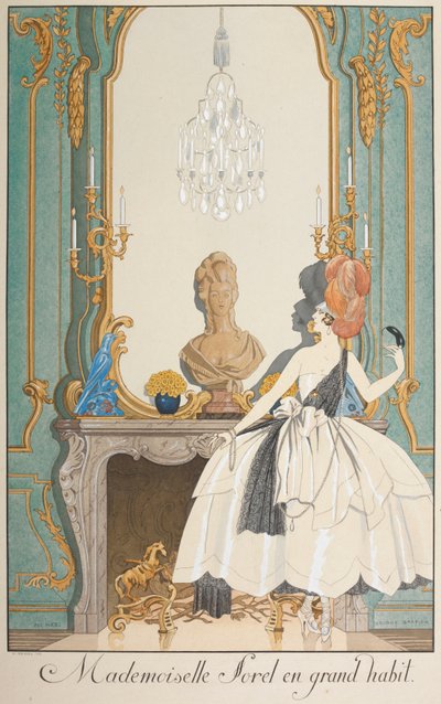 Mademoiselle Sorel i stor vane. En kvinde, der står foran en pejs. af Georges Barbier