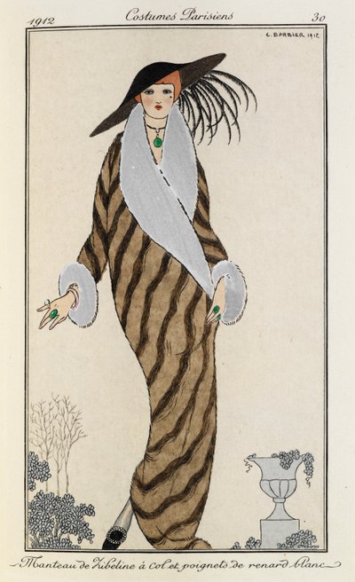 Manteau de Liberline à col et poignets de renard blanc. Kostumer Parisiens nr.30. Kvinden er iført en stribet liberlinefrakke med krave og manchetter af hvid ræv. Hun har også en stor sort hat med fjer og en grøn stenhalskæde på. af Georges Barbier