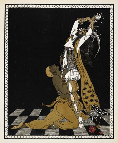 Nijinsky som den gyldne slave i Sheherazade, en symfonisk suite komponeret af Nikolai Rimsky-Korsakov i 1888. Han knæler foran Sheherazade, begge klædt i arabisk stildragt. af Georges Barbier