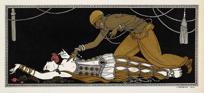 Nijinsky som den gyldne slave i Sheherazade, en symfonisk suite komponeret af Nikolai Rimsky-Korsakov i 1888. Sheherazade er her på sit dødsleje, den gyldne slave lænet over hende af Georges Barbier