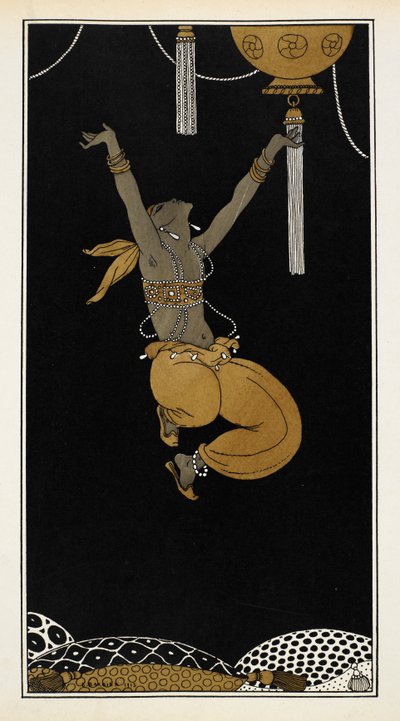 Nijinsky som den gyldne slave i Sheherazade, en symfonisk suite komponeret af Nikolai Rimsky-Korsakov i 1888. Nijinsky er i luften, midt i springet. af Georges Barbier