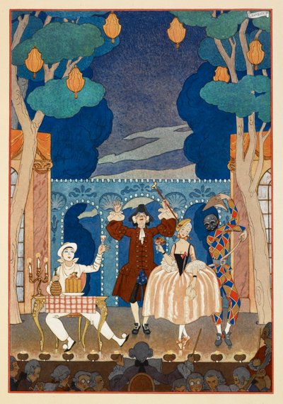 Pantomime. Pjerrot og Harlekin. En mand og en smuk kvinde. Alt sammen på en scene. af Georges Barbier