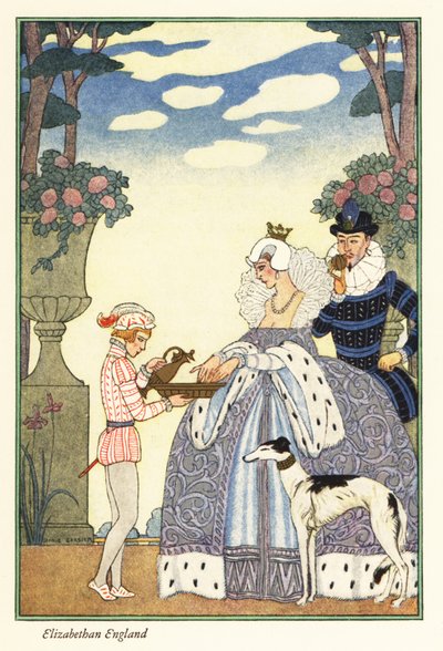 Dronning Elizabeth vasker sine hænder i en skål, som hendes page boy holder. 1928 (tryk) af Georges Barbier