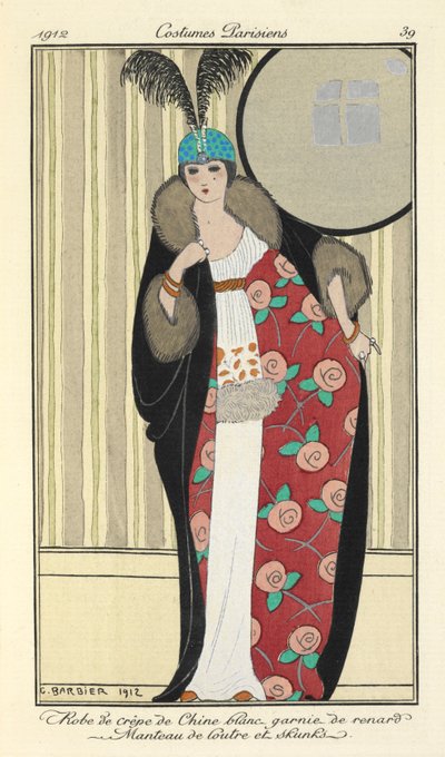 "Hvid crepe de chine kjole trimmet med ræv. Otter frakke og stinkdyr," af Georges Barbier