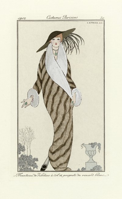 Sable Coat with White Fox Trim, fra Costumes Parisien, pub.1912 (pochoir print) af Georges Barbier