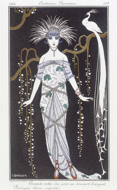 Sølvbrokade aftenkjole og paryk - Illustration af George Barbier (1882-1932). i "" Journal des dames et des modes: Costumes Parisiens"" af Georges Barbier