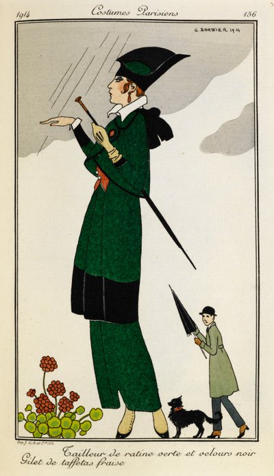 Tailleur de ratine verte et velours noir. Gilet de taffetas fraise. Kvinde iført et skræddersyet outfit af grøn og sort silke, med en strawberry silkevest. Person i en trenchcoat med en paraply og en hund i baggrunden. Kostumer Parisiens. af Georges Barbier