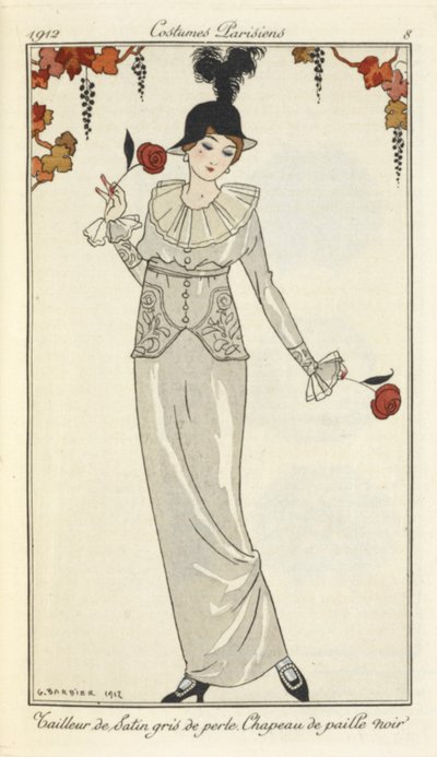 "Perlegrå satindragt, sort stråhat." af Georges Barbier