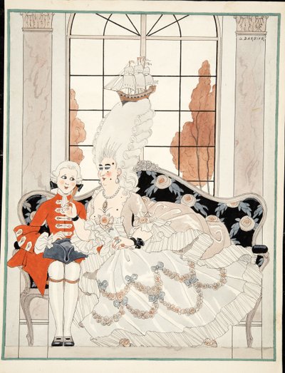Hertuginden, ca. 1930 (akvarel på papir) af Georges Barbier